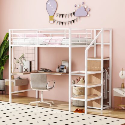 Kumix Twin Size Loft Bed with Desk, Metal Loft Bed with Metal Grid, Lateral Storage Ladder and Wardrobe for Kids Teens Adults, Noise-Free Loft Bed Frame for Bedroom, Space Saving, White