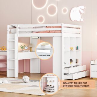 Kumix Loft Bed Full Size, Wood Loft Bed with Desk, Shelves, LED Light and Drawers for Kids Teens Adults, Full Loft Bed Frame with Full Length Guardrail and Ladder for Bedroom, Space-Saving, White