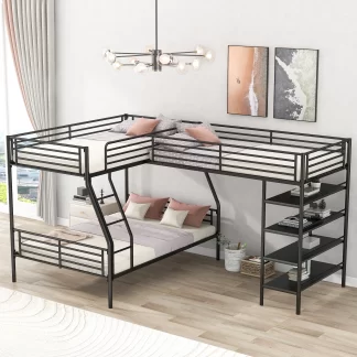 Kumix Twin over Full Bunk Bed with Twin Size Loft Bed, L-Shaped Bunk Bed with Shelves for 3 Kids Teens Adults, Multi Functional Metal Bunk Beds for Bedroom, Noise-Free, Black