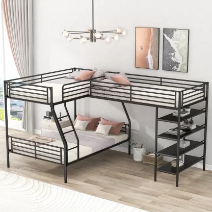 Kumix Twin over Full Bunk Bed with Twin Size Loft Bed, L-Shaped Bunk Bed with Shelves for 3 Kids Teens Adults, Multi Functional Metal Bunk Beds for Bedroom, Noise-Free, Black