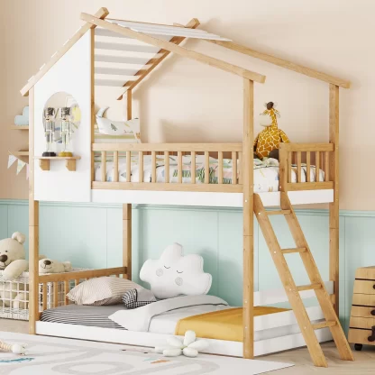 Kumix Twin over Twin Bunk Bed, Wood Bunk Bed for Kids Teens with Shelf, Full Length Guardrail, Ladder, House Bunk Bed Frame for Bedroom, Dom, Noise-Free, No Box Spring Needed, Natural