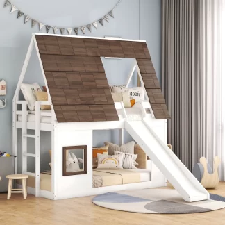 Kumix House Bunk Bed with Slide for Kids, Twin over Twin Bunk Bed with Storage Stair, Full Length Guardrail and Ladder for Boys/Girls, Wood Low Bed for Toddler, No Box Spring Needed, White
