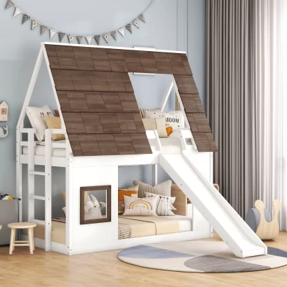 Kumix House Bunk Bed with Slide for Kids, Twin over Twin Bunk Bed with Storage Stair, Full Length Guardrail and Ladder for Boys/Girls, Wood Low Bed for Toddler, No Box Spring Needed, White