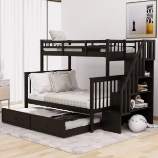 Kumix Bunk Bed with Trundle, Twin over Full Bunk Bed with Storage Stairway and Full Length Guardrail for Kids Teens Adults, Wood Bunk Bed Able to Split, Easy Assembly, Noise-Free, Espresso