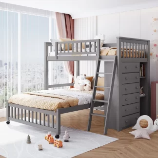 Kumix Twin over Full Bunk Bed, Wood Bunk Bed with Drawers, Flexible Shelves, Full Length Guardrail and Ladder for Kids Teens Adults, Heavy Duty Bunk Bed with Removable Bottom Bed, Gray