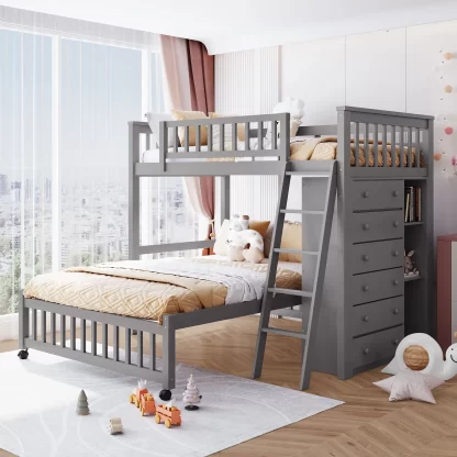 Kumix Twin over Full Bunk Bed, Wood Bunk Bed with Drawers, Flexible Shelves, Full Length Guardrail and Ladder for Kids Teens Adults, Heavy Duty Bunk Bed with Removable Bottom Bed, Gray