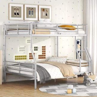 Kumix Full XL over Queen Bunk Bed, Metal Bunk Bed with Full Length Guardrail and Ladder for Kids Teens Adults, Able to Split, Heavy Duty Bunk Bed for 3, Noise-Free, No Box Spring Needed, Silver
