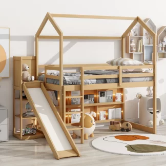 Kumix Twin Size Loft bed with Slide, House Loft Bed with Light, Storage Shelves, Full Length Guardrail and Ladder for Kids Teens, Wood Loft Bed Frame for Bedroom, Dorm, Noise-Free, Natural