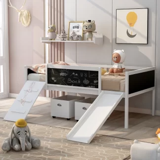 Kumix Twin Size Loft Bed with Slide, Wood Loft Bed with Two Storage Boxes, Climbing Frame & Rope, Blackboard and Safety Guardrail for Kids Teens Adults, Heavy Duty Loft Bed Frame for Bedroom, White