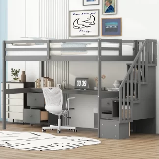 Kumix Loft Bed Twin Size with Desk, Wood Loft Bed with Storage Staircase, Drawers, Full Length Guardrail for Kids Teens Adults, Space-Saving Loft Bed for Bedroom, Dorm, Noise-Free, Gray