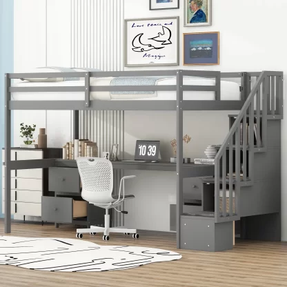 Kumix Loft Bed Twin Size with Desk, Wood Loft Bed with Storage Staircase, Drawers, Full Length Guardrail for Kids Teens Adults, Space-Saving Loft Bed for Bedroom, Dorm, Noise-Free, Gray