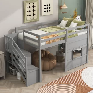 Kumix Loft Bed Twin Size for Kids, Wood Loft Bed with Storage Staircase and Window, Full Length Guardrail for Teens Adults, Space-Saving Loft Bed for Bedroom, Noise-Free, Easy Assembly, Gray