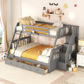 Kumix Bunk Bed with Drawers, Twin over Full Bunk Bed with Storage Staircase, Full Length Guardrail for Kids Teens Adults, Wood Bunk Bed Able to Split, No Box Spring Needed, Noise-Free, Gray