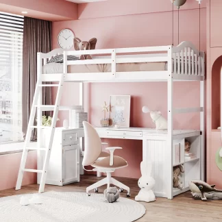 Kumix Loft Bed Twin Size, Wood Loft Bed with Drawers, Cabinet, Shelves and Desk for Kids Teens Aults, Space-Saving Loft Bed Frame with Full Length Guardrail and Ladder for Bedroom, Noise-Free, White