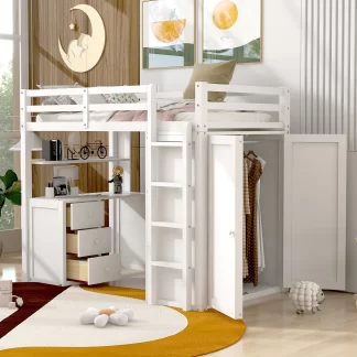 Kumix Loft Bed Twin Size, Wood Loft Bed with Drawers, Desk, Shelf and Wardrobe for Kids Teens Adults, Heavy Duty Loft Bed with Safety Guardrail and Ladder for Bedroom, Noise-Free, White