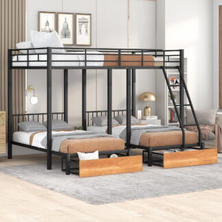 Kumix Triple Bunk Bed with Drawers, Full over Twin and Twin Bunk Bed with Build-in Ladder and Safety Guardrails for Kids Teens Adults, Metal Bunk Bed Can Convertible into 3 Beds, 3 Beds in 1, Black