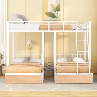 Kumix Triple Bunk Bed, Full over Twin over Twin Bunk Bed with Drawers, Build-in Ladder and Safety Guardrails for Kids/Teens, Metal Bunk Bed Can Convertible into 3 Beds, 3 Beds in 1, White