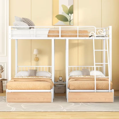 Kumix Triple Bunk Bed, Full over Twin over Twin Bunk Bed with Drawers, Build-in Ladder and Safety Guardrails for Kids/Teens, Metal Bunk Bed Can Convertible into 3 Beds, 3 Beds in 1, White