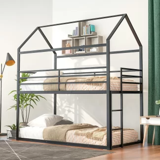 Kumix Metal Bunk Bed Twin over Twin, House Bed for Kids Teens with Built-in Ladder and Safety Guardrail, Low Bunk Bed for Bedroom, Dom, 2 in 1 Bunk Bed, No Box Spring Needed, Noise-Free, Black