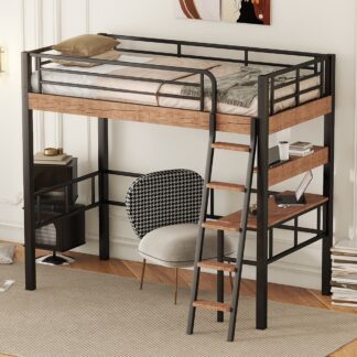 Kumix Loft Bed Twin Size, Metal Loft Bed with Desk and Shelf for Kids Teens Adults, Space-Saving Loft Bed with Full-Length Guardrail and Ladder for Bedroom, Noise-Free, No Box Spring Needed, Black