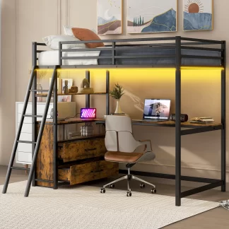 Kumix Loft Bed with Desk and Shelves, Twin Size Loft Bed with Drawers, LED Light and USB Charging Station for Kids Teens, Metal Loft Bed with Safety Guardrail and Ladder, Space-Saving, Black