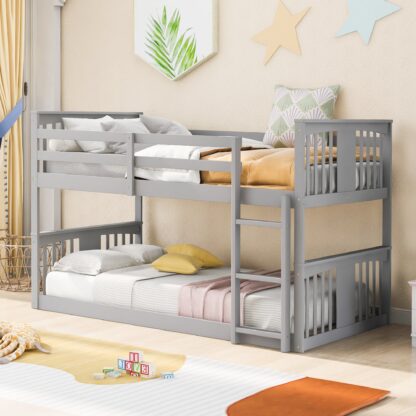 Kumix Twin over Twin Bunk Bed, Wood Bunk Bed for Kids Teens with Full Length Guardrail and Ladder, Low Bunk Bed Frame for Bedroom, Dorm, Noise-Free, No Box Spring Needed, 2 in 1 Bunk Bed, Grey