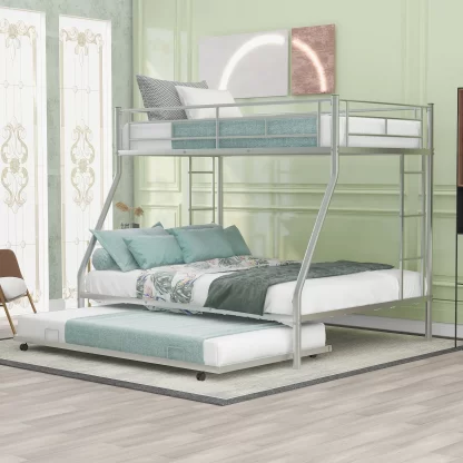 Kumix Bunk Bed with Trundle, Metal Twin over Full Bunk Bed for Kids Teens Adults with Full Length Guardrail and Two-Side Ladders, Heavy Duty Bunk Bed for Bedroom, Dom, Noise-Free, Silver