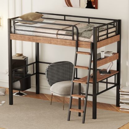 Kumix Loft Bed Twin Size, Metal Loft Bed with Desk and Shelf for Kids Teens Adults, Space-Saving Loft Bed with Full-Length Guardrail and Ladder for Bedroom, Noise-Free, No Box Spring Needed, Black