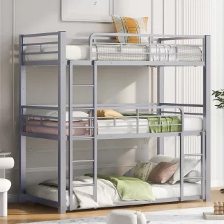 Kumix Triple Bunk Bed, Twin over Twin and Twin Bunk Bed with Full Length Guardrail and Build-in Ladder for Kids Teens Adults, Metal Bunk Bed for Bedroom, Low Bunk Bed for 3, Noise-Free, Silver