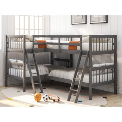 Kumix Quad Bunk Bed Twin over Twin, L-Shaped Bunk Bed for 4 with Angle Ladder, Corner 4 Bunk Bed for Kids Teens Adults, 4 in 1 Bunk Beds, Space-Saving Wood Bunk Beds, Noise-Free, Gray