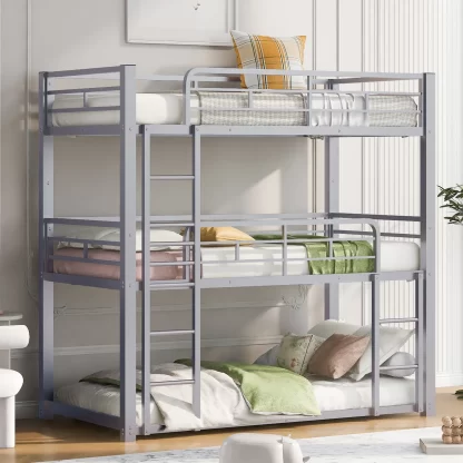 Kumix Triple Bunk Bed, Twin over Twin and Twin Bunk Bed with Full Length Guardrail and Build-in Ladder for Kids Teens Adults, Metal Bunk Bed for Bedroom, Low Bunk Bed for 3, Noise-Free, Silver