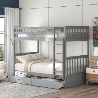 Kumix Bunk Bed with Drawers, Twin over Twin Bunk Bed with Full Length Guardrail and Build-in Ladder for Kids Teens Adults, Wood Bunk Bed Able to Split, 2 in 1 Bunk Beds, Noise-Free, Gray