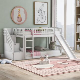 Kumix Bunk Bed with Slide, Twin over Twin Bunk Bed with Storage Staircase, Full Length Guardrail for Kids Teens Boys/Girls, Wood Bunk Bed for Bedroom, Noise-Free, White