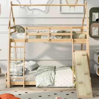 Kumix Twin over Queen Bunk Bed, House Bed with Climbing Nets and Climbing Ramp for Kids, Wood Bunk Bed with Roof, Low Bunk Bed Frame with Safety Guardrails and Ladder, Noise-Free, Natural