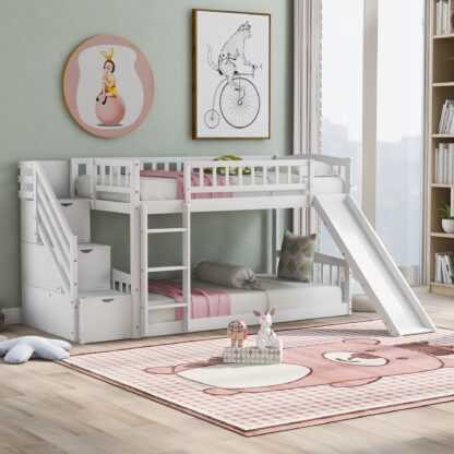 Kumix Bunk Bed with Slide, Twin over Twin Bunk Bed with Storage Staircase, Full Length Guardrail for Kids Teens Boys/Girls, Wood Bunk Bed for Bedroom, Noise-Free, White