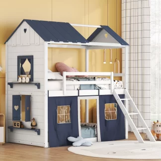 Kumix Twin over Twin Bunk Bed, Wood House Bed with Elegant Windows, Sills and Tent for Kids Teens Boys/Girls, Heavy Duty Bunk Bed Frame for Bedroom, Dorm, No Box Spring Needed, Blue+White