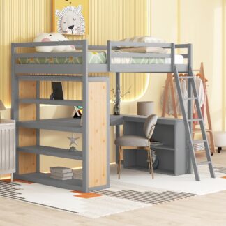 Kumix Loft Bed Full Size with Desk, Wood Loft Bed with Shelves, Full Length Guardrail, Ladder for Kids Teens Adults, Heavy Duty Loft Bed Frame for Bedroom, Space-Saving, Noise-Free, Gray