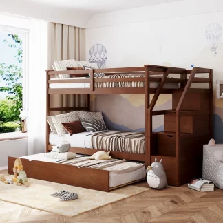 Kumix Bunk Bed with Trundle, Twin over Twin Bunk Bed with Full Length Guardrail and Storage Staircase for Kids Teens Adults, Wood Bunk Bed for Bedroom, Twin Size Trundle, Noise-Free, Walnut