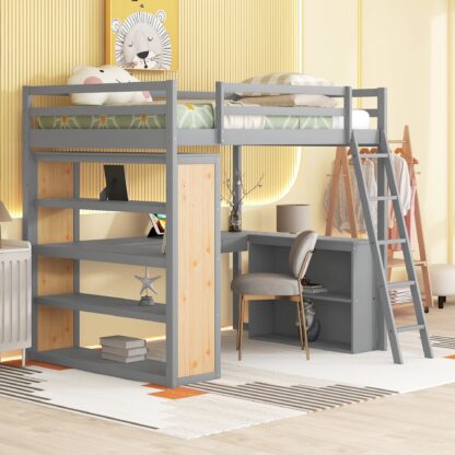 Kumix Loft Bed Full Size with Desk, Wood Loft Bed with Shelves, Full Length Guardrail, Ladder for Kids Teens Adults, Heavy Duty Loft Bed Frame for Bedroom, Space-Saving, Noise-Free, Gray