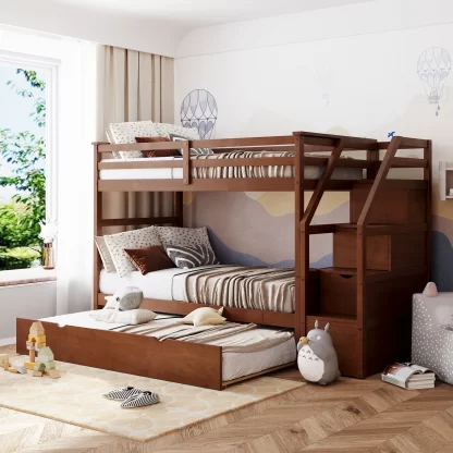 Kumix Bunk Bed with Trundle, Twin over Twin Bunk Bed with Full Length Guardrail and Storage Staircase for Kids Teens Adults, Wood Bunk Bed for Bedroom, Twin Size Trundle, Noise-Free, Walnut