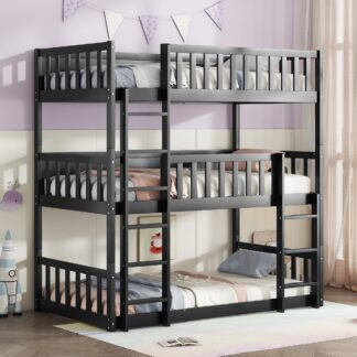 Kumix Wood Triple Bunk Bed, Twin over Twin over Twin Bunk Bed with Guardrails, 2 Built-in Ladders for Kids Teens Adults, Detachable Triple Twin Bunk Bed, 3 in 1 Bunk Bed, Easy Assembly, Black