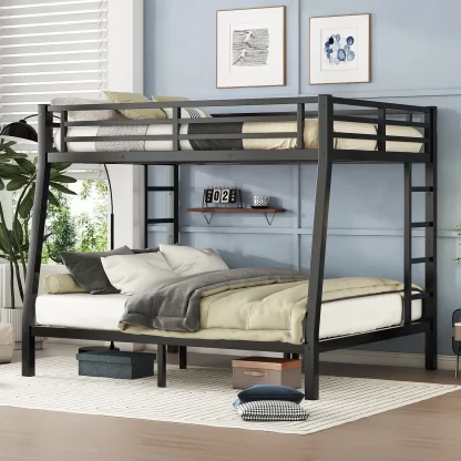 Kumix Full XL over Queen Bunk Bed, Metal Bunk Bed for Kids Teens Adults with Safety Guardrail and 2 Side Ladders, Heavy Duty Bunk Bed Frame for Bedroom, Noise Reduced, No Box Spring Needed, Black
