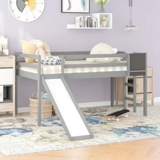 Kumix Loft Bed with Slide, Twin Size Loft Bed with Blackboard Full Length Guardrail and Build-in Ladder for Kids Teens, Boys/Girls, Wood Loft Bed for Bedroom, Dorm, Noise-Free, Gray