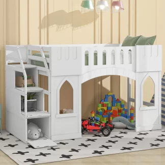 Kumix Loft Bed Twin Size, Wood Loft Bed with Storage Staircase and 2 Windows for Kids Teens Boys/Girls, Heavy Duty Loft Bed for Bedroom, Dorm, Space-Saving, No Box Spring Needed, White