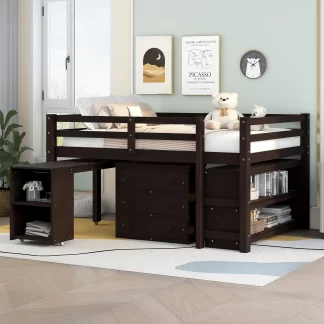 Kumix Loft Bed Full Size, Low Loft Bed with Drawers, Shelves Full Length Guardrail, Ladder and Rolling Portable Desk for Kids Teens Adults, Wood Loft Bed for Bedroom, Noise-Free, Espresso