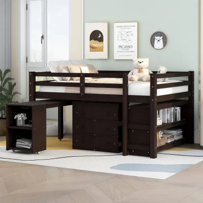 Kumix Loft Bed Full Size, Low Loft Bed with Drawers, Shelves Full Length Guardrail, Ladder and Rolling Portable Desk for Kids Teens Adults, Wood Loft Bed for Bedroom, Noise-Free, Espresso