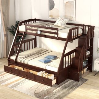 Kumix Twin over Full Bunk Bed, Wood Bunk Bed with Drawers, Full Length Guardrail and Storage Staircase for Kids Teens Adults, Heavy Duty Bunk Bed Frame Able to Split, Space-Saving, Espresso