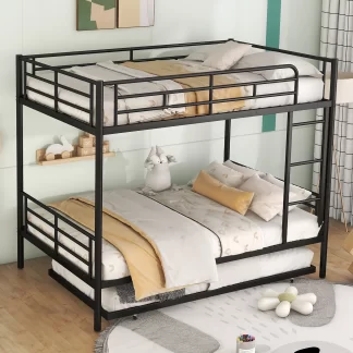 Kumix Bunk Bed with Trundle, Full over Full Bunk Bed with Full Length Guardrail and Ladder for Kids Teens, Metal Bunk Bed Can Convertible into 2 Beds, 2 in 1 Bunk Bed, Noise-Free, Black