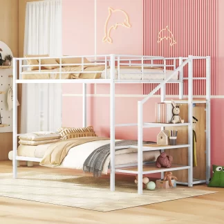 Kumix Full over Full Bunk Bed, Metal Bunk Bed with Storage Staircase and Wardrobe for Kids Teens, Adults, Multifunctional Bunk Bed with Ladder and Guardrails, Space-Saving, Noise-Free, White