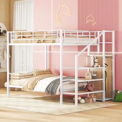 Kumix Full over Full Bunk Bed, Metal Bunk Bed with Storage Staircase and Wardrobe for Kids Teens, Adults, Multifunctional Bunk Bed with Ladder and Guardrails, Space-Saving, Noise-Free, White